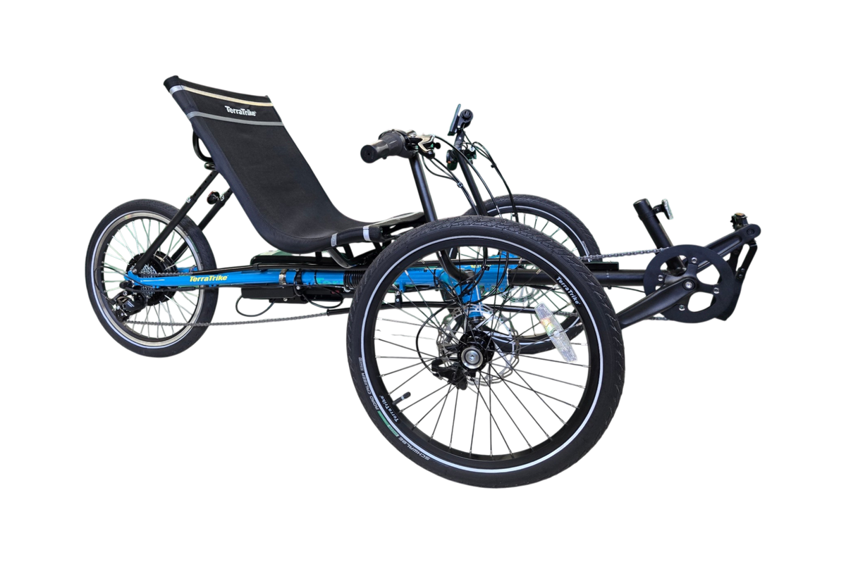Blue TerraTrike recumbent trike with E-BikeKit electric conversion system installed