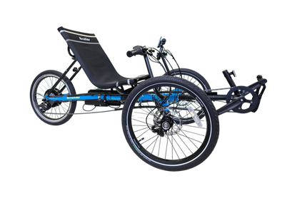 Blue TerraTrike recumbent trike with E-BikeKit electric conversion system installed