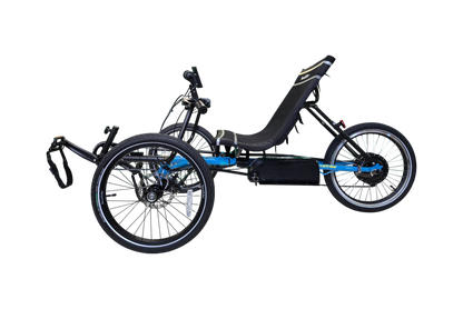 Blue TerraTrike recumbent trike with E-BikeKit electric conversion, left side view showing battery